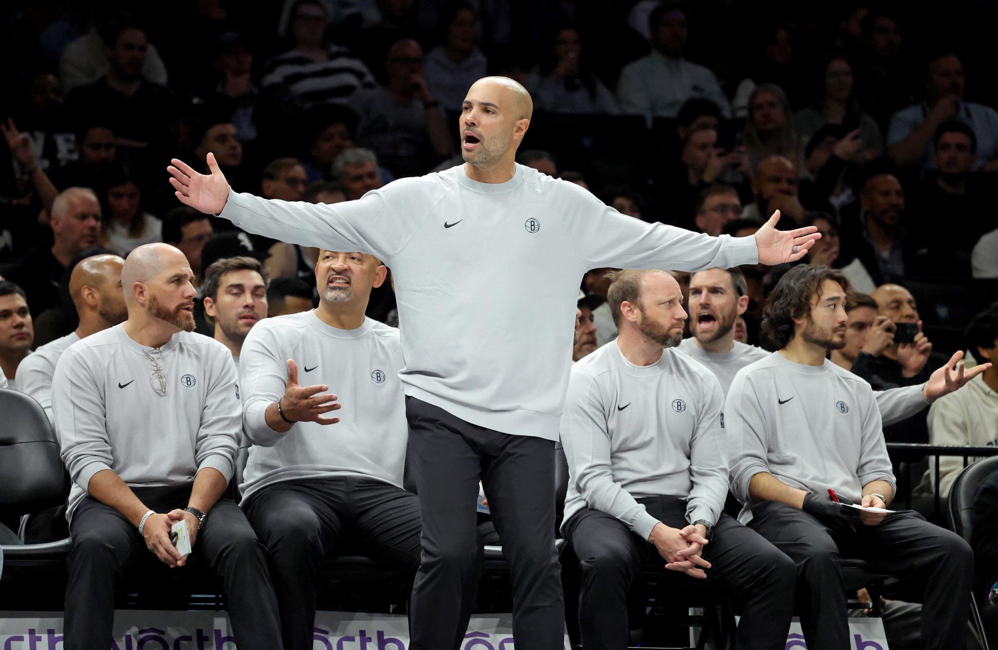 Brooklyn Nets head coach Jordi Fernandez reacts on the baseline during a game against the Detroit Pistons.