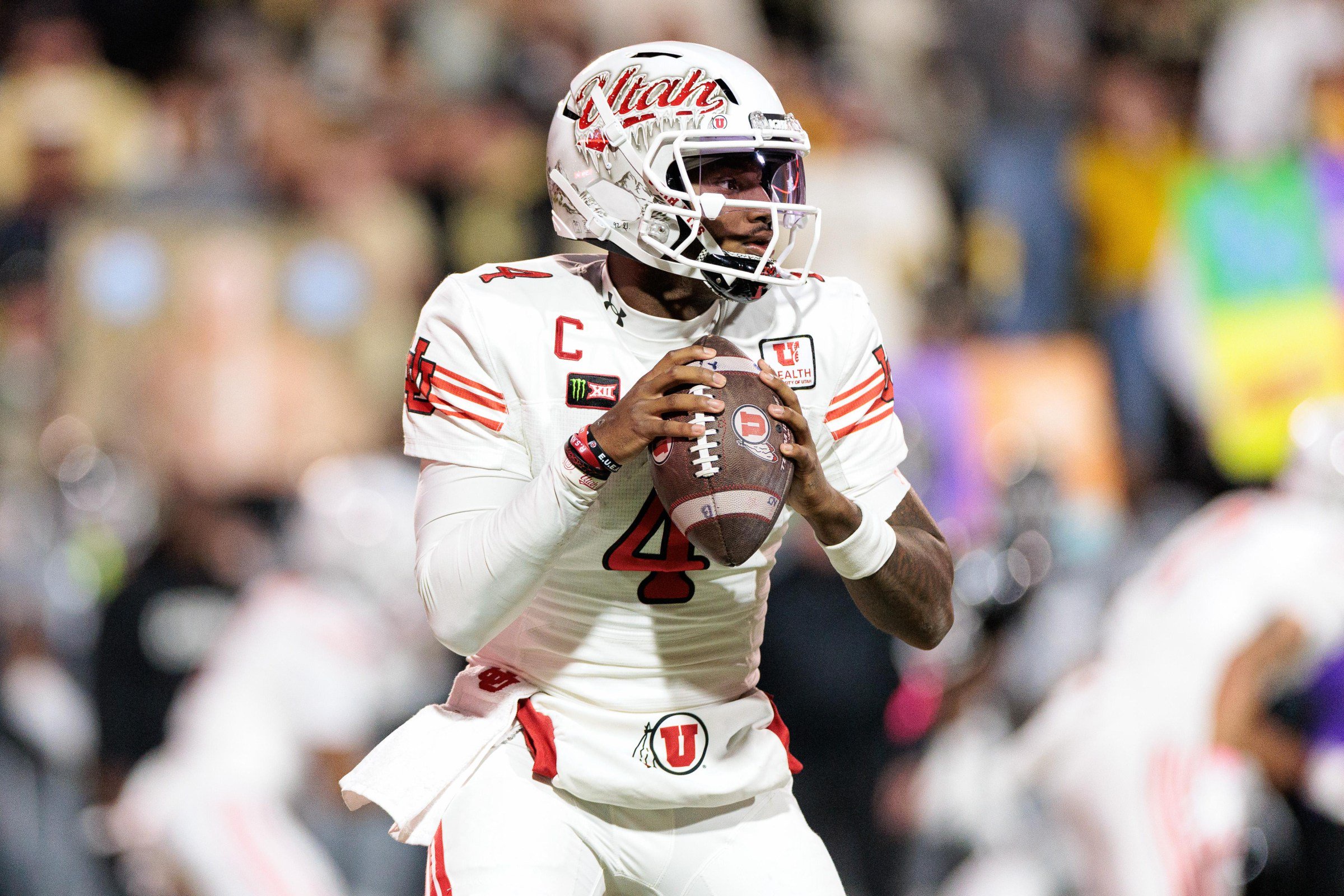 BOULDER, COLORADO - OCTOBER 17: Devon Dampier #4 of the Utah Utes throws a pass during the second quarter against the Colorado Buffaloes at Folsom Field on October 17, 2026 in Boulder, Colorado. (Photo by Andrew Wevers/Getty Images)