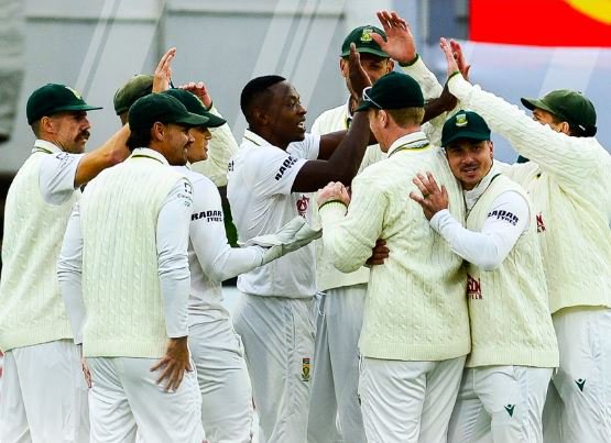 Proteas celebrate during a test series against Australia at St George's Parks in Gqeberha, Eastern Cape on October 21, 2026.