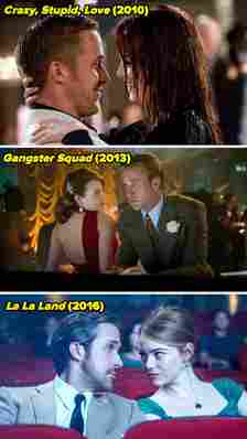 Ryan Gosling and Emma Stone in scenes from &quot;Crazy, Stupid, Love&quot; (2010), &quot;Gangster Squad&quot; (2013), and &quot;La La Land&quot; (2016)
