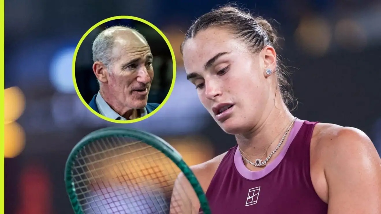 Pictured: A forlorn-looking Aryna Sabalenka, with Brad Gilbert (inset)