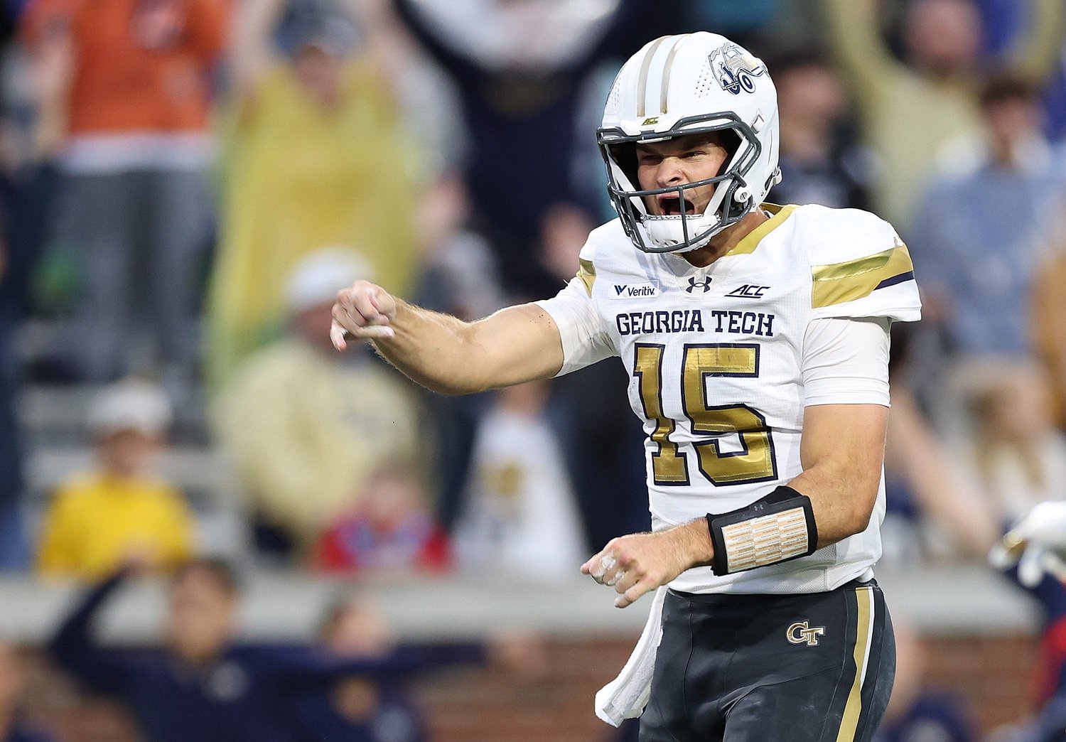 Alberto Mendoza #15 of the Georgia Tech Yellow Jackets reacts after Trelain Maddox #1 scores the go-ahead touchdown against the Duke Blue Devils during the fourth quarter at Bobby Dodd Stadium on October 10, 2026 in Atlanta, Georgia.