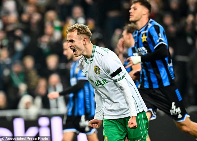 Hammarby's Victor Stange Lind celebrates scoring on a penalty kick during the Swedish league soccer match between Hammarby IF and IK Sirius FK in Stockholm, Sweden, Thursday, Oct. 29, 2026. (Anders Wiklund/TT News Agency via AP)