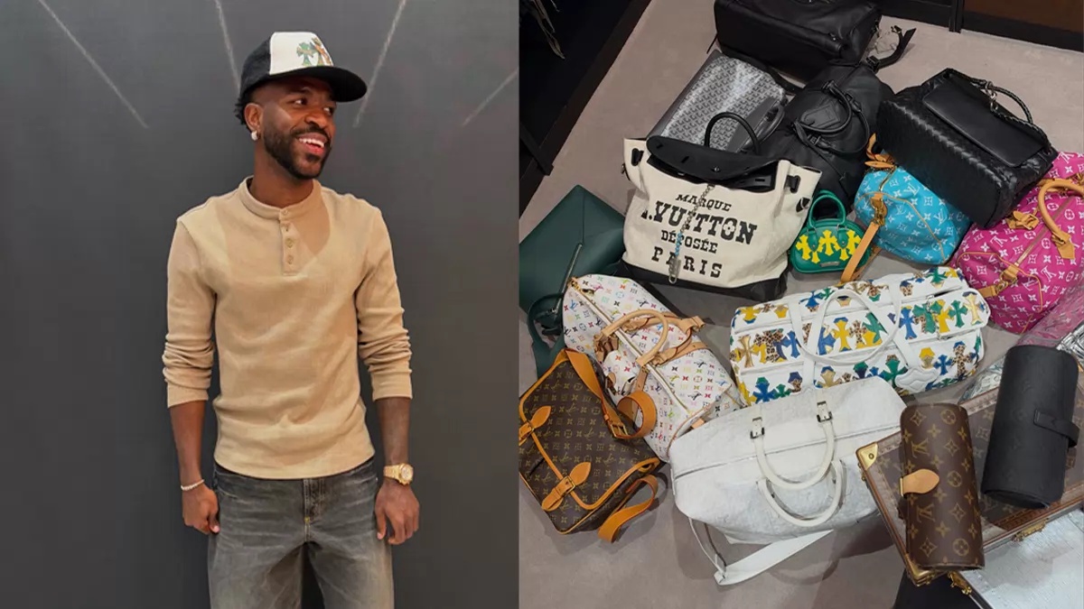 Montagem de fotos com Vini Jr e suas bolsas de luxo