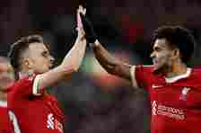 Diogo Jota of Liverpool celebrates with Luis Diaz