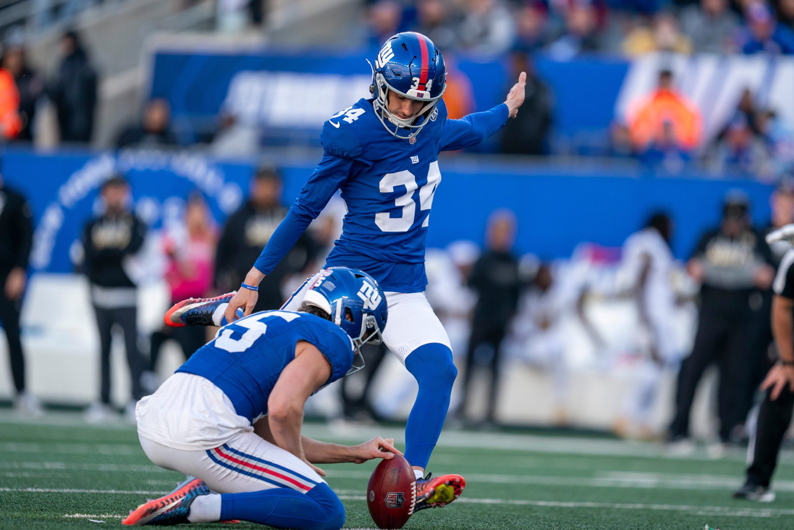 New York Giants kicker Dominic Zvada (34) makes a field goal in the 4th quarter during a week 6 NFL football game between New
