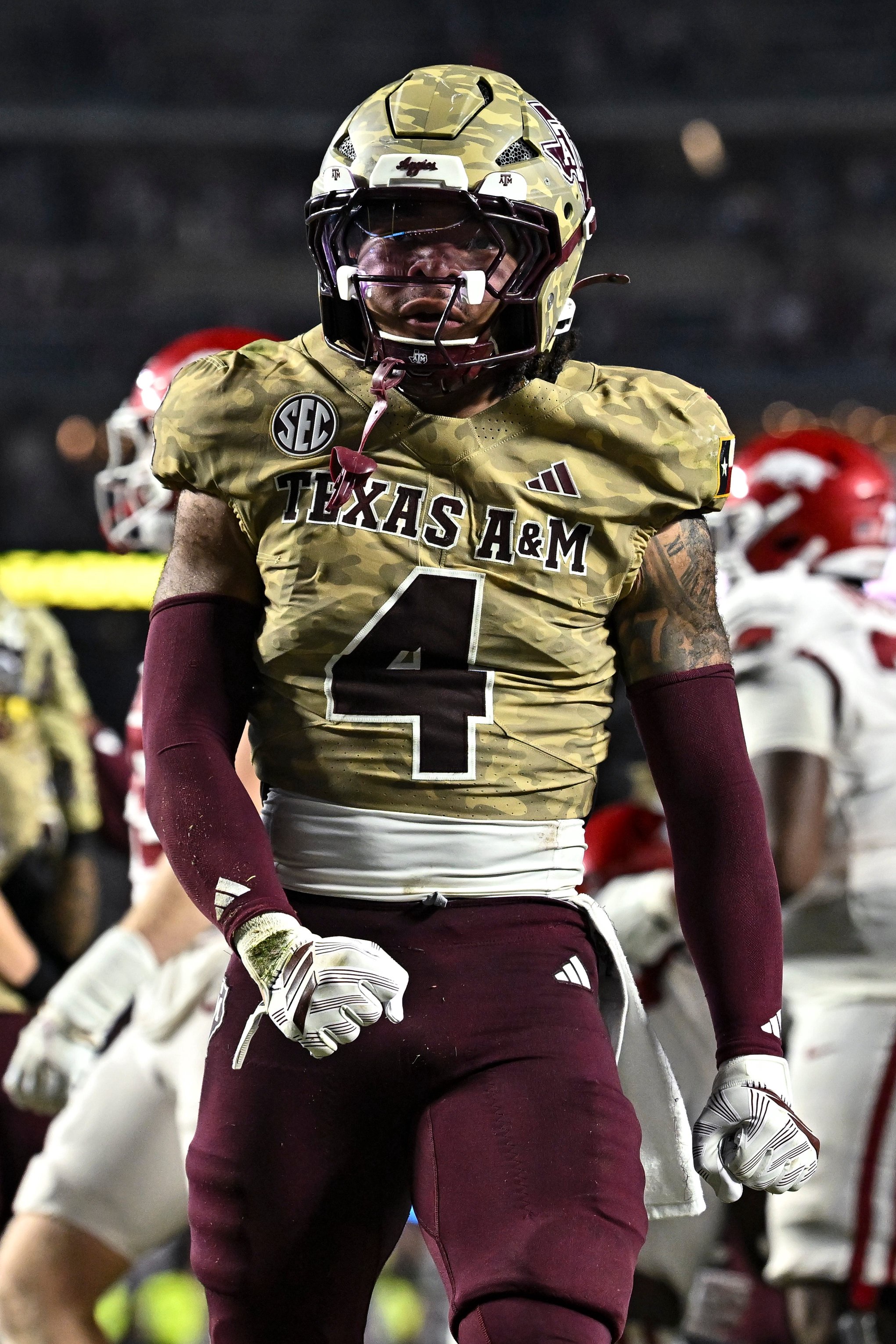 Oct 3, 2026; College Station, Texas, USA; Texas A&amp;M Aggies safety Tawfiq Byard (4) reacts during the fourth quarter against the Arkansas Razorbacks at Kyle Field. Mandatory Credit: Maria Lysaker-Imagn Images