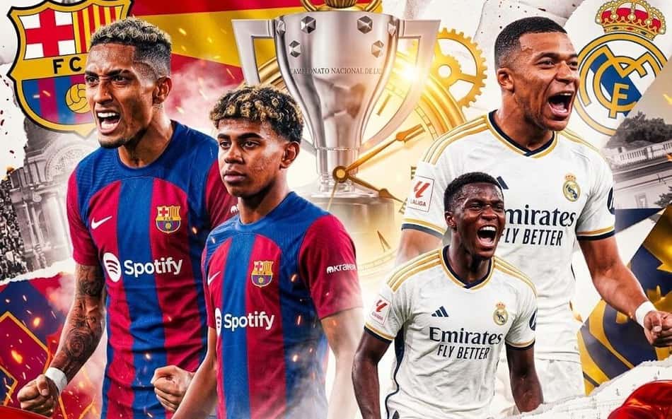 El Clásico: Barcelona x Real Madrid, atletas diante da taça e símbolos das equipes.