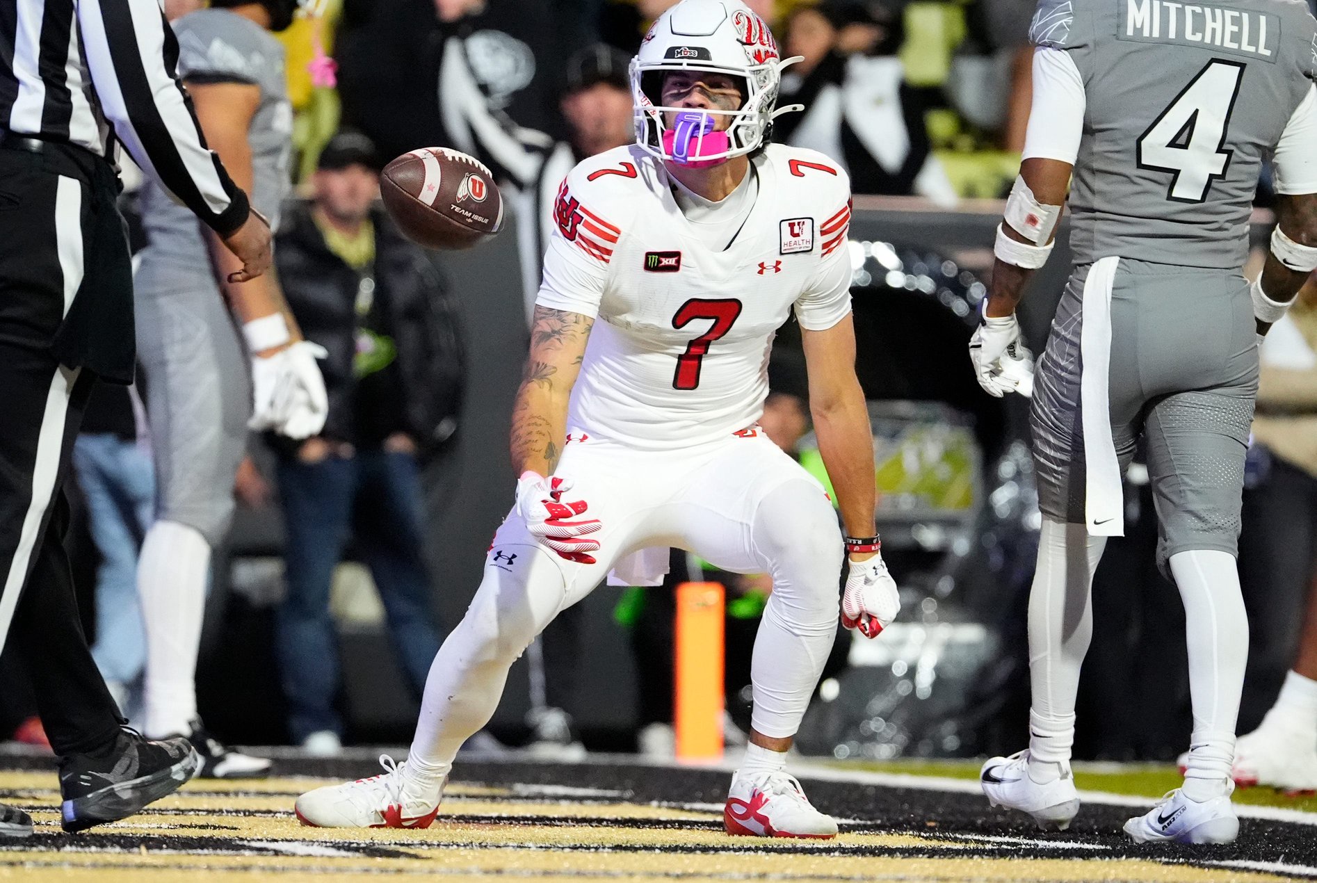 Oct 17, 2026; Boulder, Colorado, USA;  Utah Utes wide receiver Braden Pegan (7) following his touchdown reception in the fourth quarter against the Colorado Buffaloes at Folsom Field.  Mandatory Credit: Ron Chenoy-Imagn Images