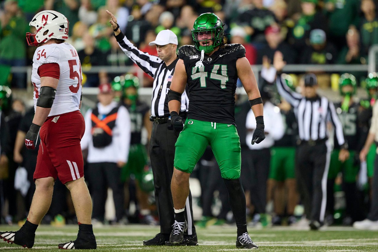 Oct 17, 2026; Eugene, Oregon, USA; Oregon Ducks linebacker Teitum Tuioti (44) celebrates after sacking Nebraska Cornhuskers quarterback Anthony Colandrea (10) during the first half  at Autzen Stadium. Mandatory Credit: Troy Wayrynen-Imagn Images