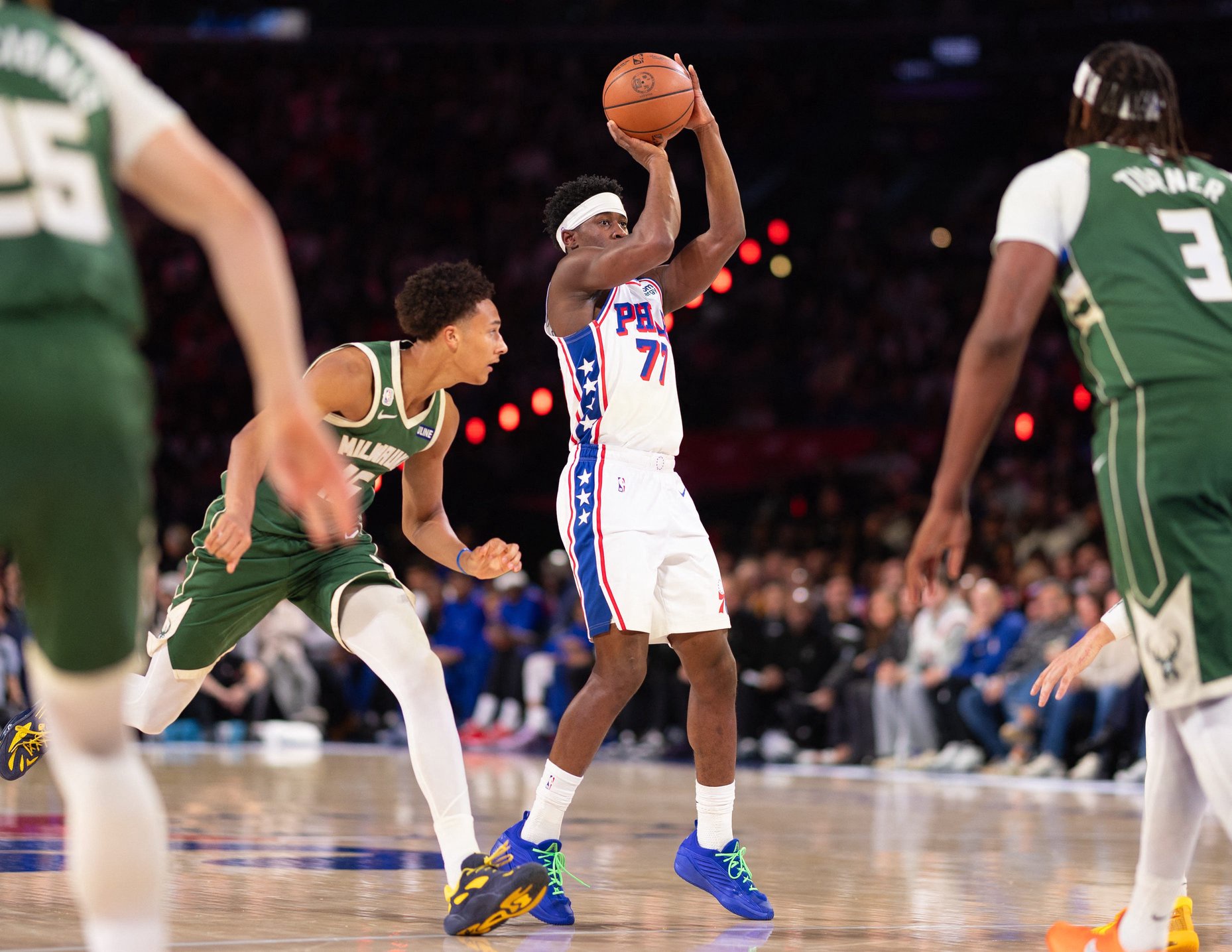 Oct 24, 2026; Philadelphia, Pennsylvania, USA; Philadelphia 76ers guard Vj Edgecombe (77) shoots against the Milwaukee Bucks during the first quarter at Xfinity Mobile Arena. Mandatory Credit: Bill Streicher-Imagn Images