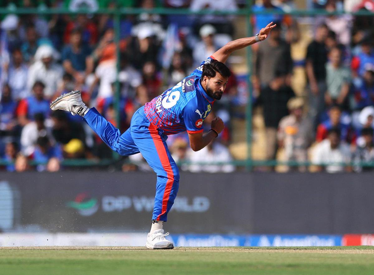 Delhi Capitals' Mukesh Kumar in action against Mumbai Indians during their IPL T20 match at the Arun Jaitley Cricket Stadium in New Delhi on April 04,  2026.