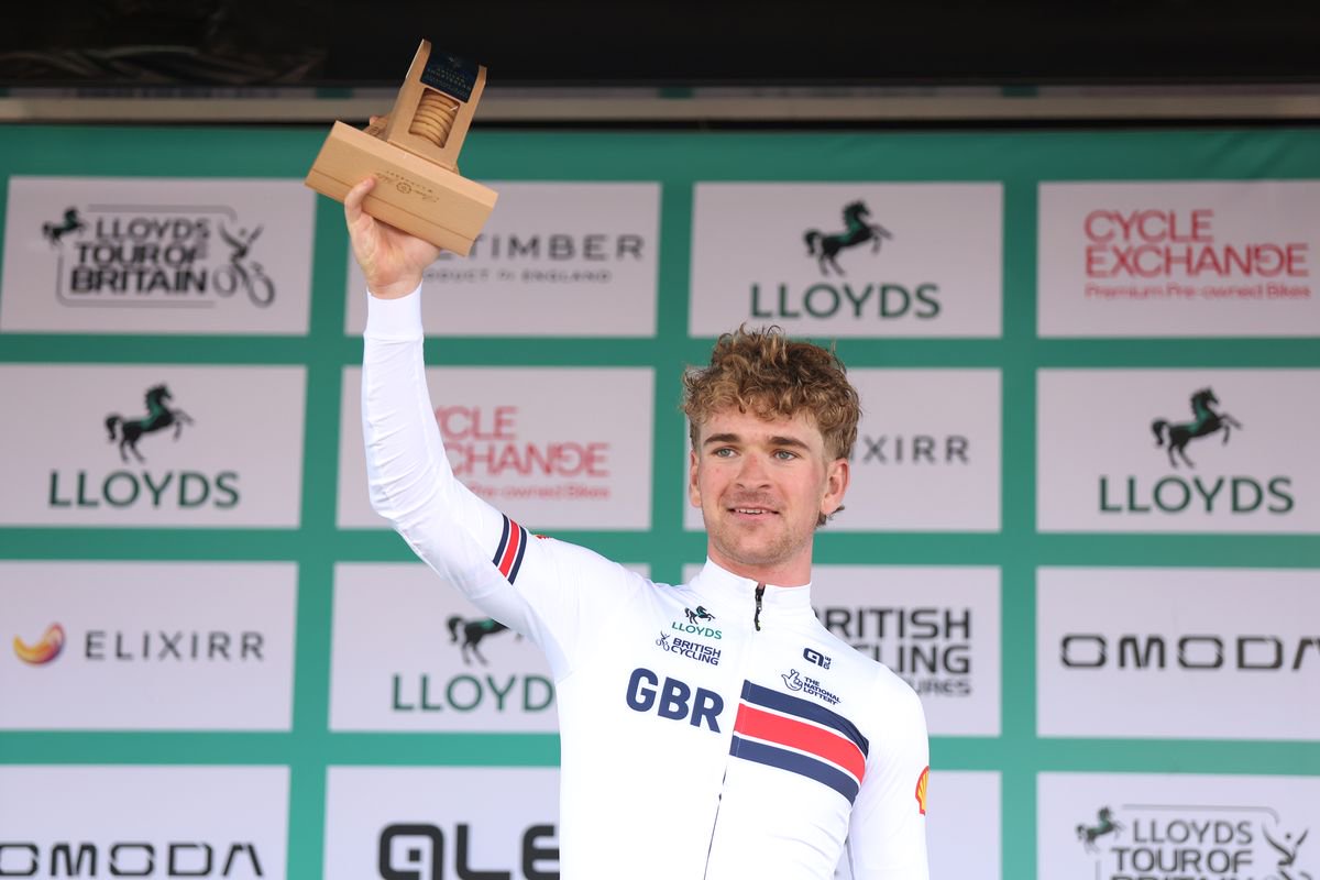 Ben Wiggins of Great Britain and Team Great Britain celebrates at podium during the 22nd Tour of Britain 2026, Stage 5 a 156.1km stage from Earlston to Earlston on September 06, 2026 in Earlston, United Kingdom. 