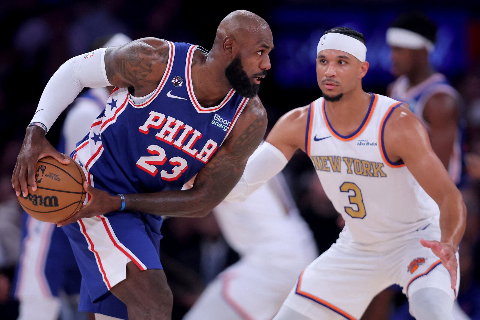 Oct 20, 2026; New York, New York, USA; Philadelphia 76ers forward LeBron James (23) controls the ball against New York Knicks guard Josh Hart (3) during the first quarter at Madison Square Garden. Mandatory Credit: Brad Penner-Imagn Images     TPX IMAGES OF THE DAY