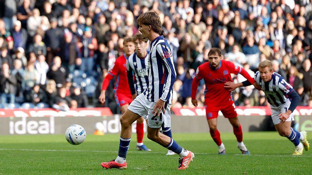 Isaac Price dinks the ball into the air as he successfully converts his Panenka penalty to put West Bromwich Albion back on level terms against Blackburn Rovers at The Hawthorns (Saturday 17 October 2026)