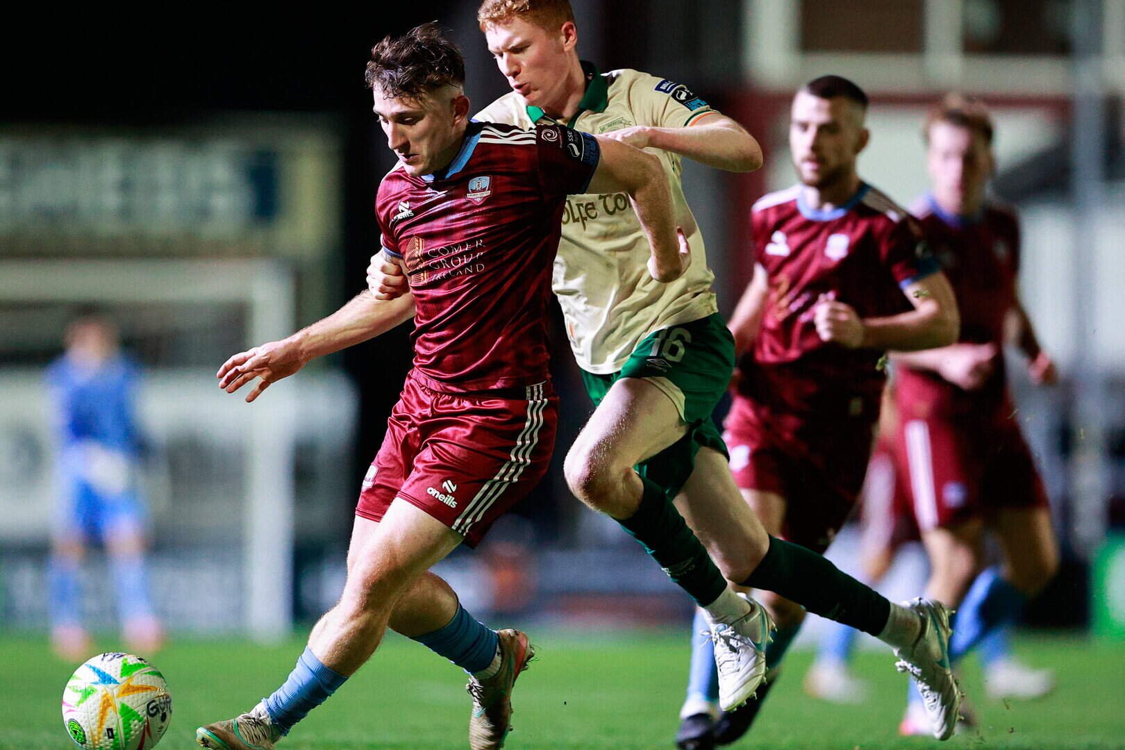 Edward McCarthy of Galway United holds off Darragh Nugent of St Patrick's Athletic at Eamonn Deacy Park 