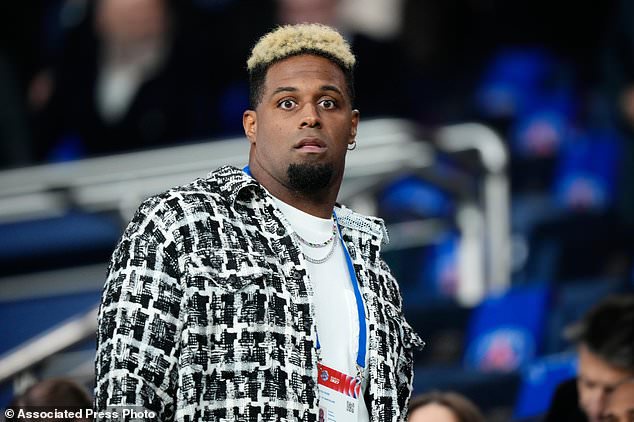 New Orleans Saints' Cameron Jordan attends the Champions League opening phase soccer match between Paris Saint-Germain and FC Barcelona in Paris, Tuesday, Oct. 20, 2026. (AP Photo/Teresa Suarez)