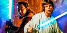 Master Sol (Lee Jung-jae) in The Acolyte and Luke Skywalker (Mark Hamill) in the original Star Wars wielding their blue lightsabers