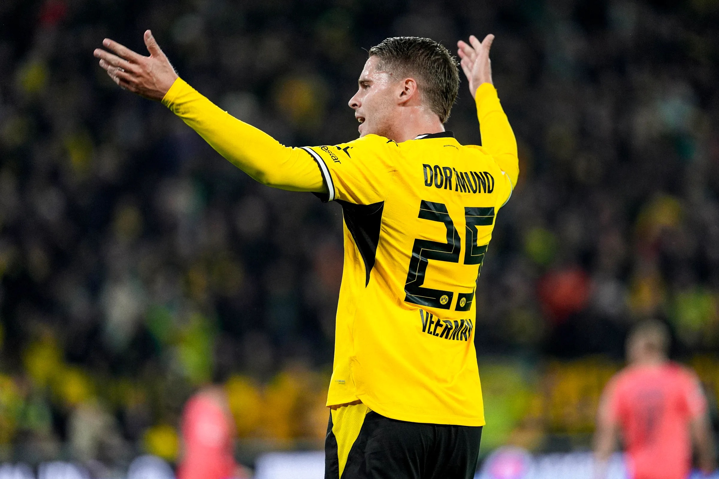 DORTMUND, GERMANY - OCTOBER 9: Joey Veerman of Borussia Dortmund reacts during the Bundesliga 2026/27 soccer match between Borussia Dortmund and SV Werder Bremen at Signal Iduna Park on October 9, 2026 in Dortmund, Germany. (Photo by Alexandre Simoes/Borussia Dortmund via Getty Images)