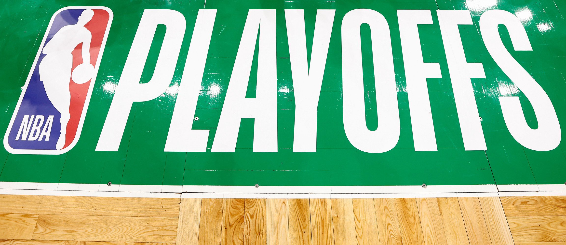Apr 23, 2025; Boston, Massachusetts, USA; The NBA palyoff logo is seen on the court before game two of first round of the 2024 NBA Playoffs between the Boston Celtics and the Orlando Magic at TD Garden. Mandatory Credit: Winslow Townson-Imagn Images