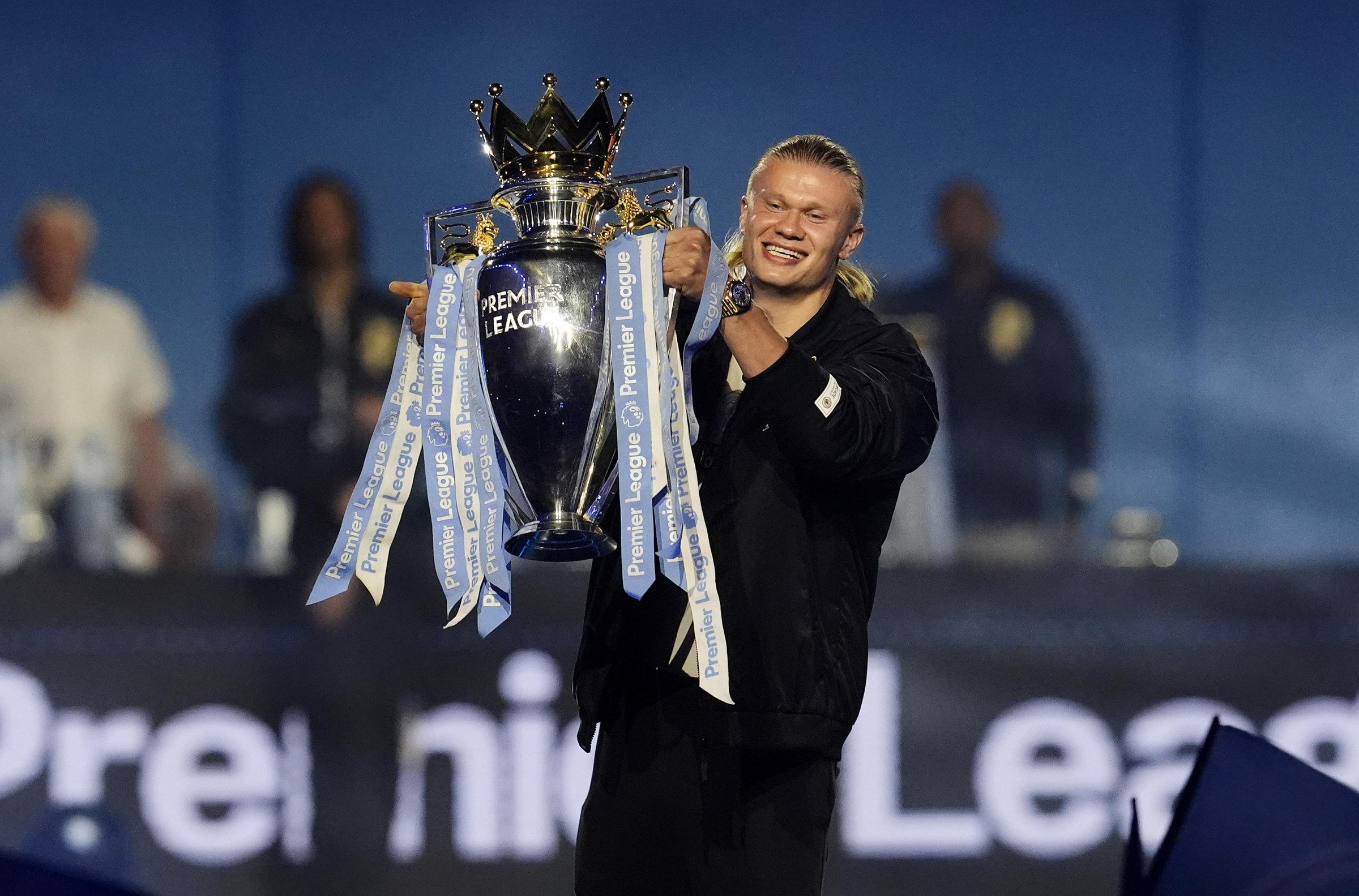 Manchester City’s Erling Haaland with the Premier League Trophy during The After Party at Co-op Live after a parade in Manchester to celebrate the achievements of the Manchester City men’s and women’s teams this season. Picture date: Monday May 25, 2026. (Photo by Nick Potts/PA Images via Getty Images)
