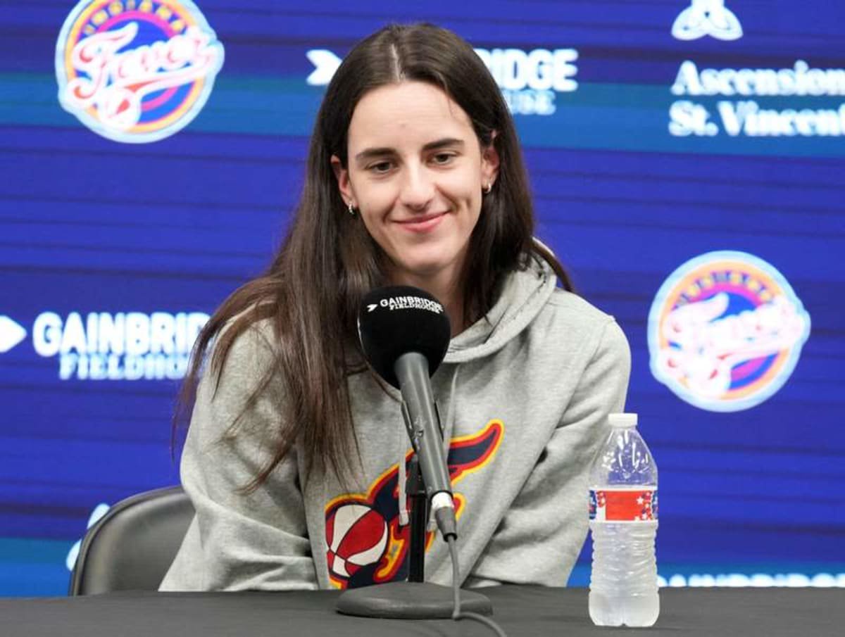 Indiana Fever guard Caitlin Clark speaks with media members Thursday, Oct. 8, 2026, at Gainbridge Fieldhouse in Indianapolis.