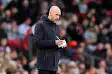 Erik ten Hag, Manager of Manchester United, writes notes during the Premier League match between Manchester United and Sheffield United at Old Traf...