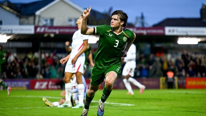 6 October 2026; Conor McManus of Republic of Ireland celebrates after scoring his side's second goal during the UEFA European U21 Championship qualifier match between the Republic of Ireland and England at Turner's Cross Stadium in Cork. Photo by Ben McSh