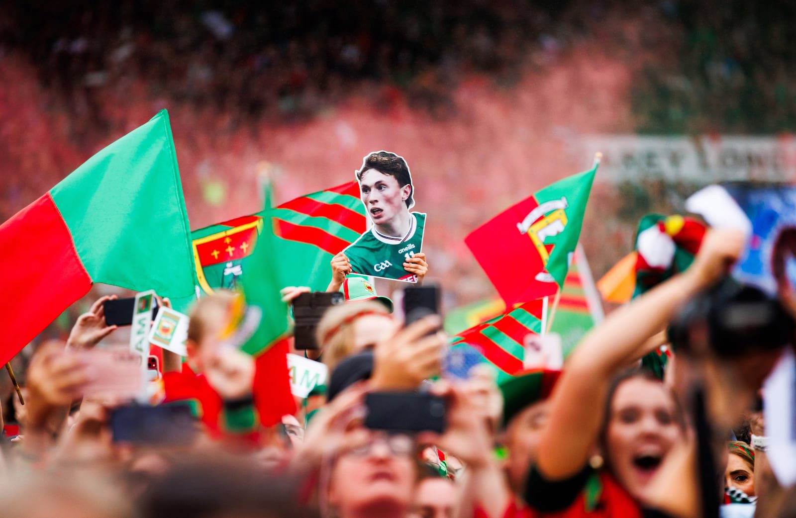 A picture of Kobe McDonald is held aloft during the homecoming celebrations for All-Ireland champions Mayo in July. Photograph: Tom Maher/INPHO