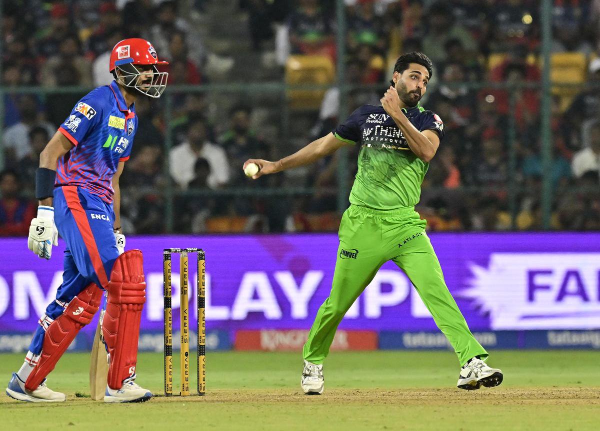RCB's Bhuvneshwar Kumar during the IPL 2026 match between Royal Challengers Bengaluru and Delhi Capitals (DC), at the M. Chinnaswamy Stadium, in Bengaluru on Saturday, April 18, 2026.