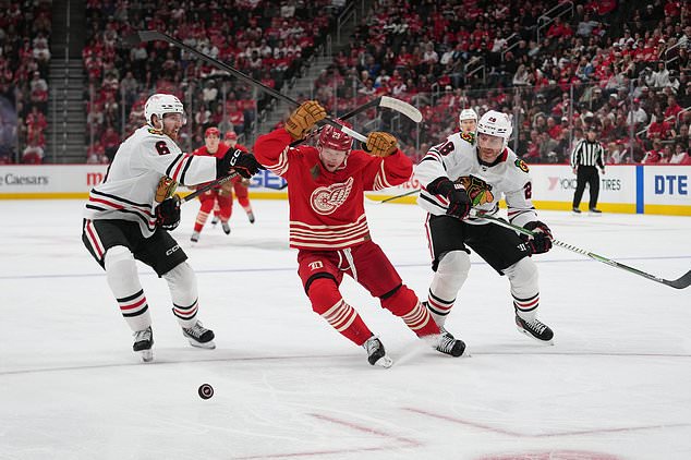 Detroit Red Wings left wing Lucas Raymond (23) chases the puck as Chicago Blackhawks defenseman Sam Rinzel (6) and Ian Cole (28) defendin the first period of an NHL hockey game Thursday, Oct. 29, 2026, in Detroit. (AP Photo/Paul Sancya)