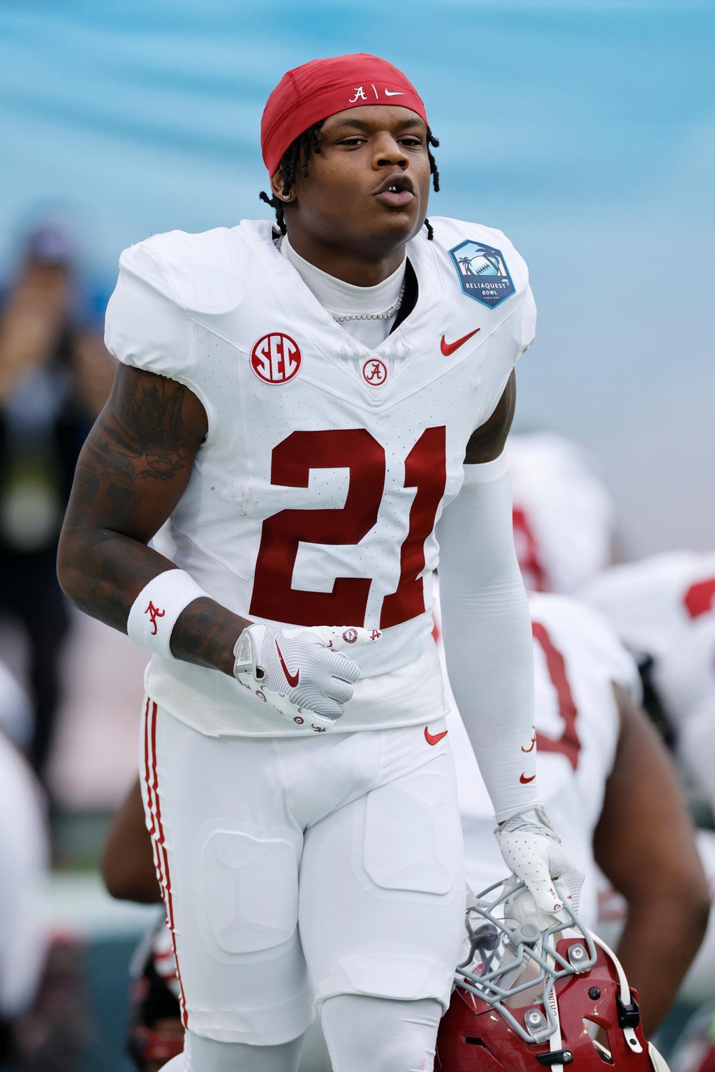 Alabama Crimson Tide defensive back Dre Kirkpatrick Jr. (21) looks on before the ReliaQuest Bowl against the Michigan Wolverines on December 31, 2024 at Raymond James Stadium in Tampa, Florida. 