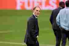 Thomas Tuchel, the head coach of FC Bayern Munchen walks around the pitch during team's stadium visit ahead of the 2023/2024 UEFA Champions League ...