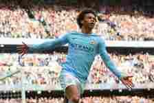 Leroy Sane of Manchester City celebrates scoring his sides sixth goal during the Premier League match between Manchester City and Stoke City at Eti...