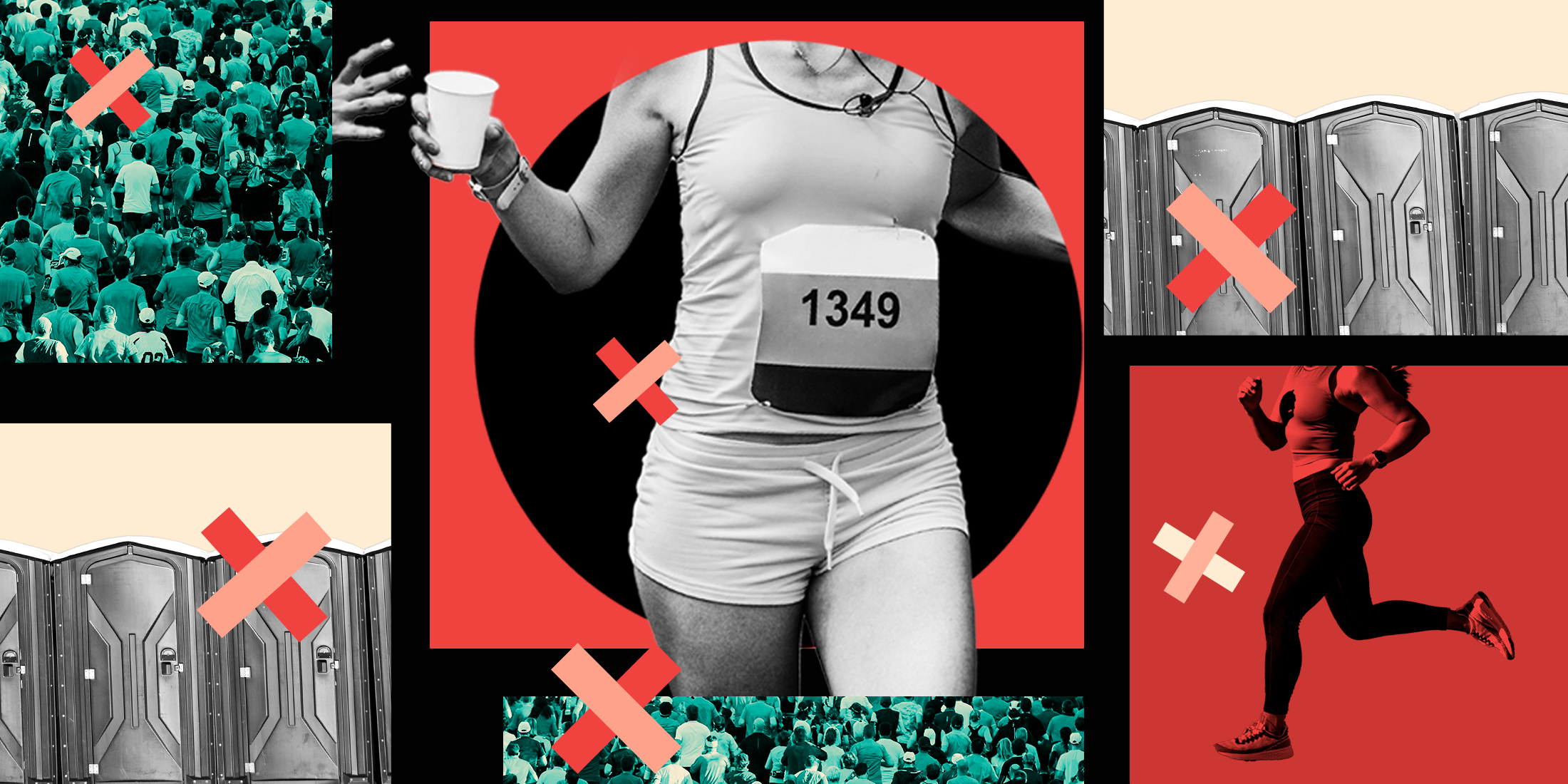 Runner holding a cup, surrounded by images of crowds and portable toilets, emphasizing race challenges.