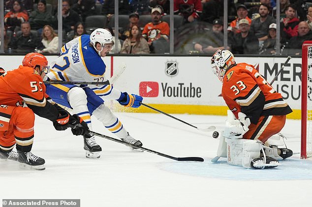 Buffalo Sabres center Tage Thompson, center, scores a goal past Anaheim Ducks goaltender Ville Husso (33) during the first period of an NHL hockey game Thursday, Oct. 29, 2026, in Anaheim, Calif. (AP Photo/Gregory Bull)