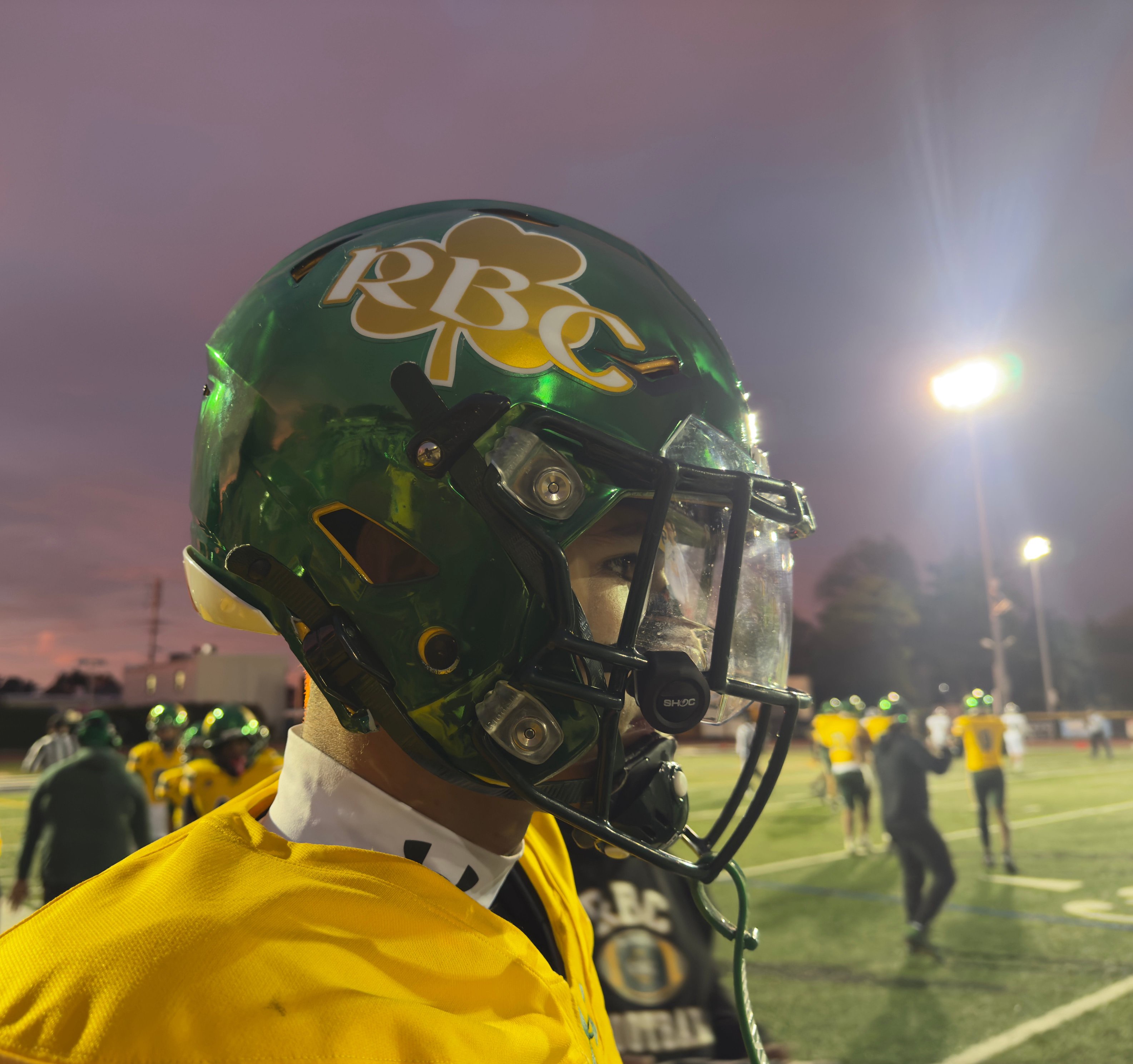 Ethan Kennedy shows off the Caseys' new helmets. Red Bank Catholic beat Holmdel 36-7 on Sept. 25 at Count Basie Field.
