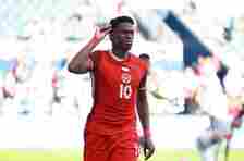 Jonathan David celebrates after scoring his team's first goal during the Copa America 2024 match between Peru and Canada