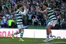 Kyogo Furuhashi of Celtic celebrates 1st goal with Matt O'Riley of Celtic during the Scottish Cup Final match between Celtic and Inverness Caledoni...