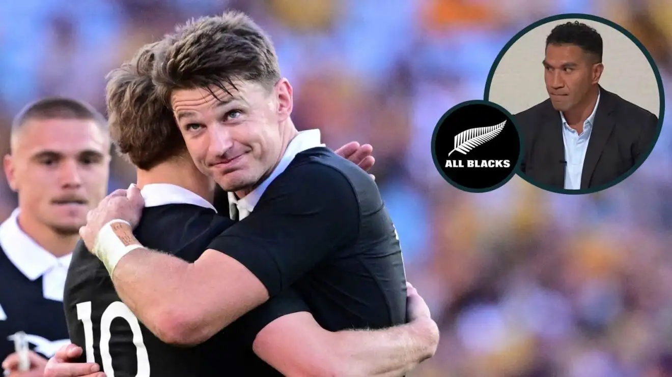 Beauden Barrett hugging Damian McKenzie after Wallabies v All Blacks and former New Zealand full-back Mils Muliaina (inset).