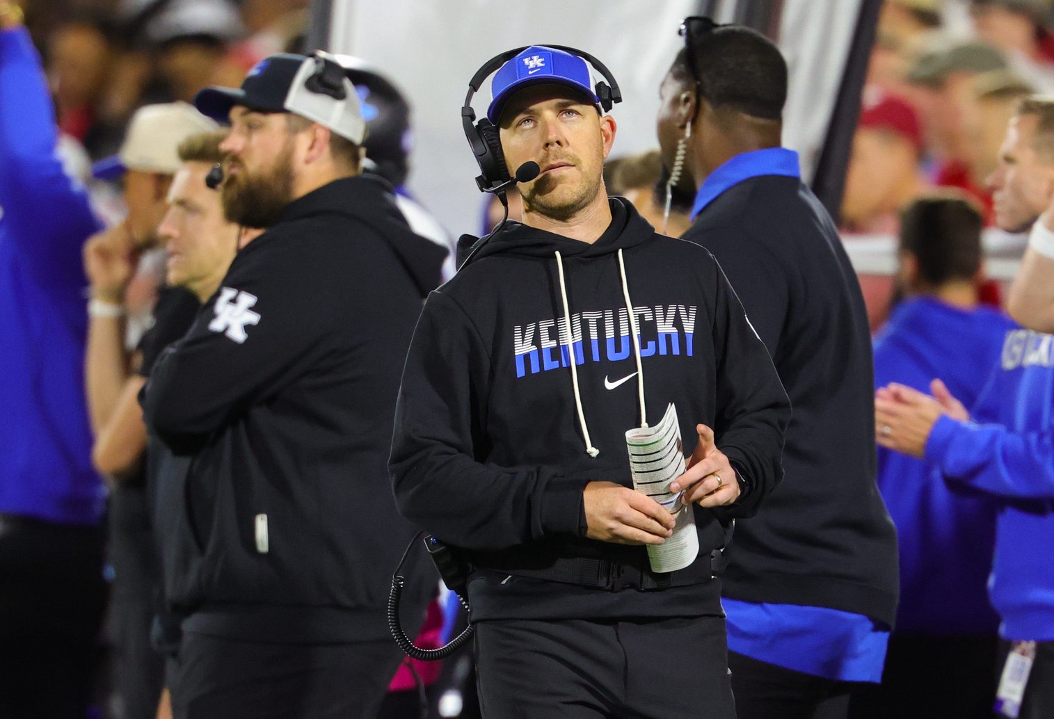 Oct 17, 2026; Norman, Oklahoma, USA;  Kentucky Wildcats head coach Will Stein looks on during the second half against the Oklahoma Sooners at Gaylord Family-Oklahoma Memorial Stadium. Mandatory Credit: Kevin Jairaj-Imagn Images