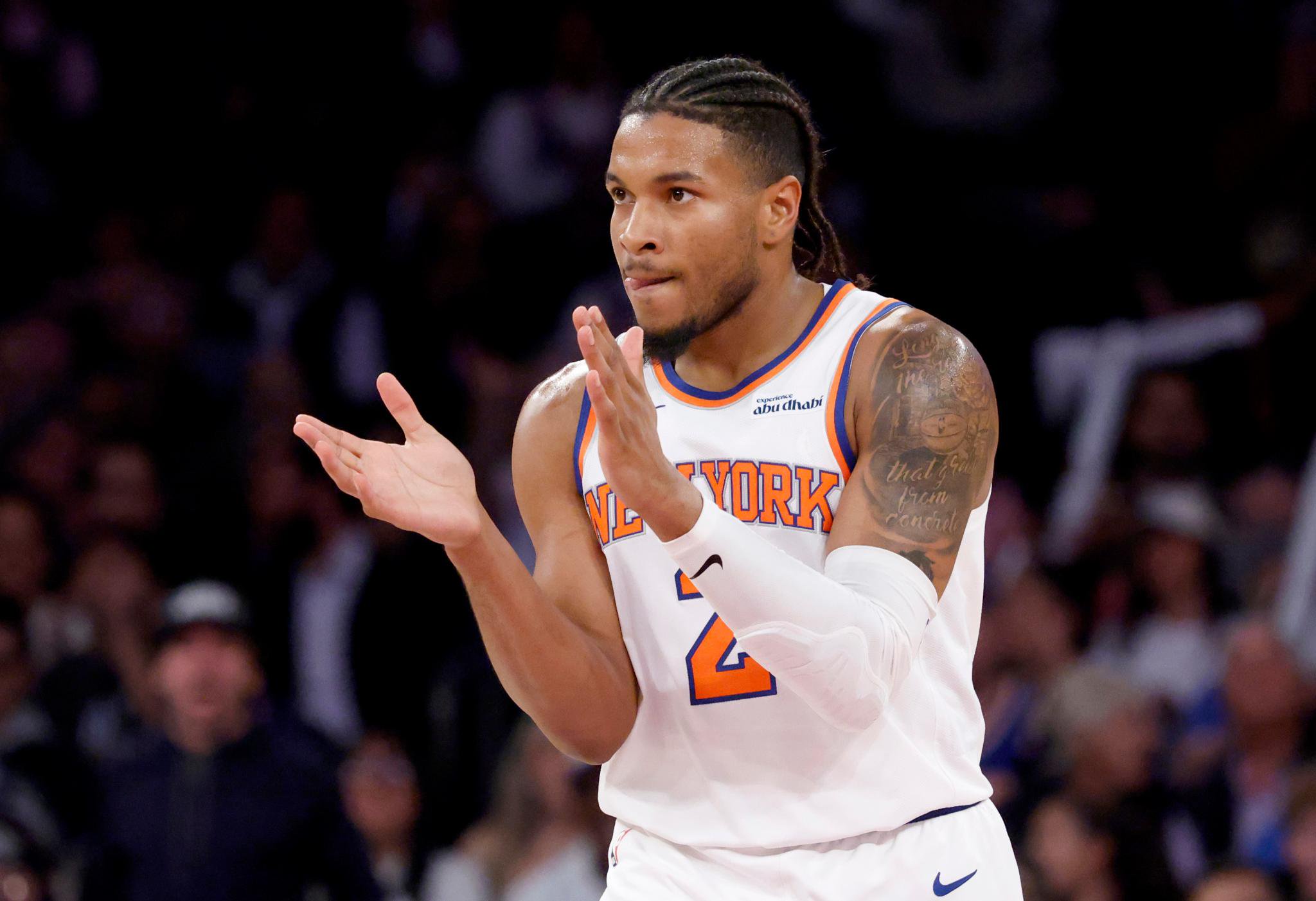Miles McBride claps his hands during the Knicks' preseason win over the Raptors on Oct. 15, 2026 at Madison Square Garden.