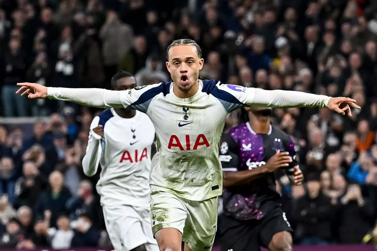 Xavi Simons celebrates after scoring in the Champions League match between Tottenham Hotspur and Slavia Prague