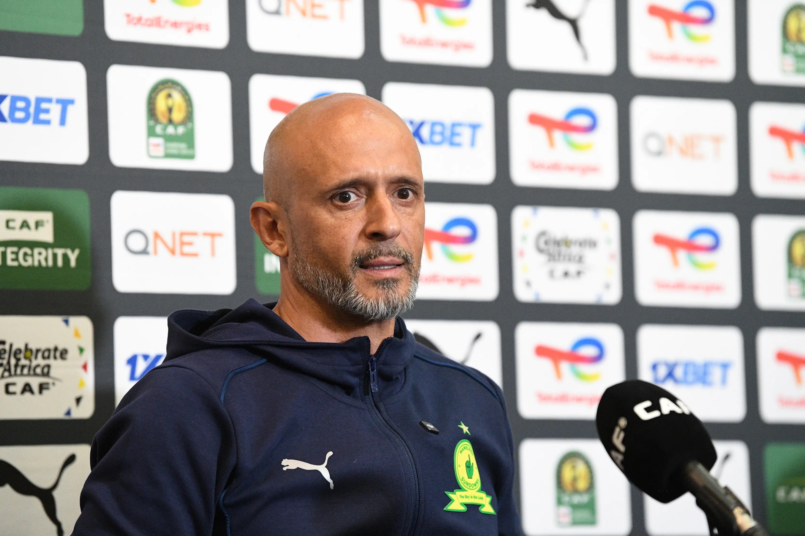 Mamelodi Sundowns coach Miguel Cardoso speaks to the media