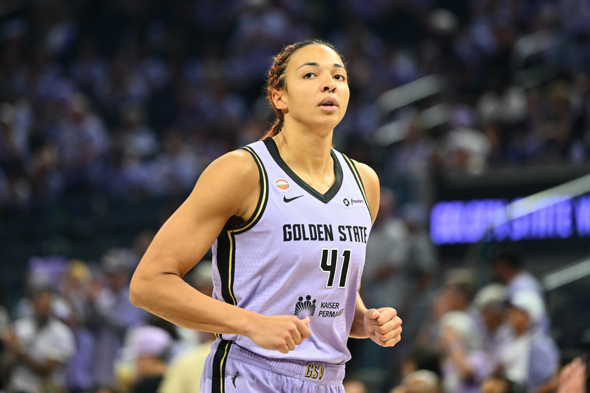 Kiah Stokes of the Golden State Valkyries looks on during the WNBA Finals against the Atlanta Dream.