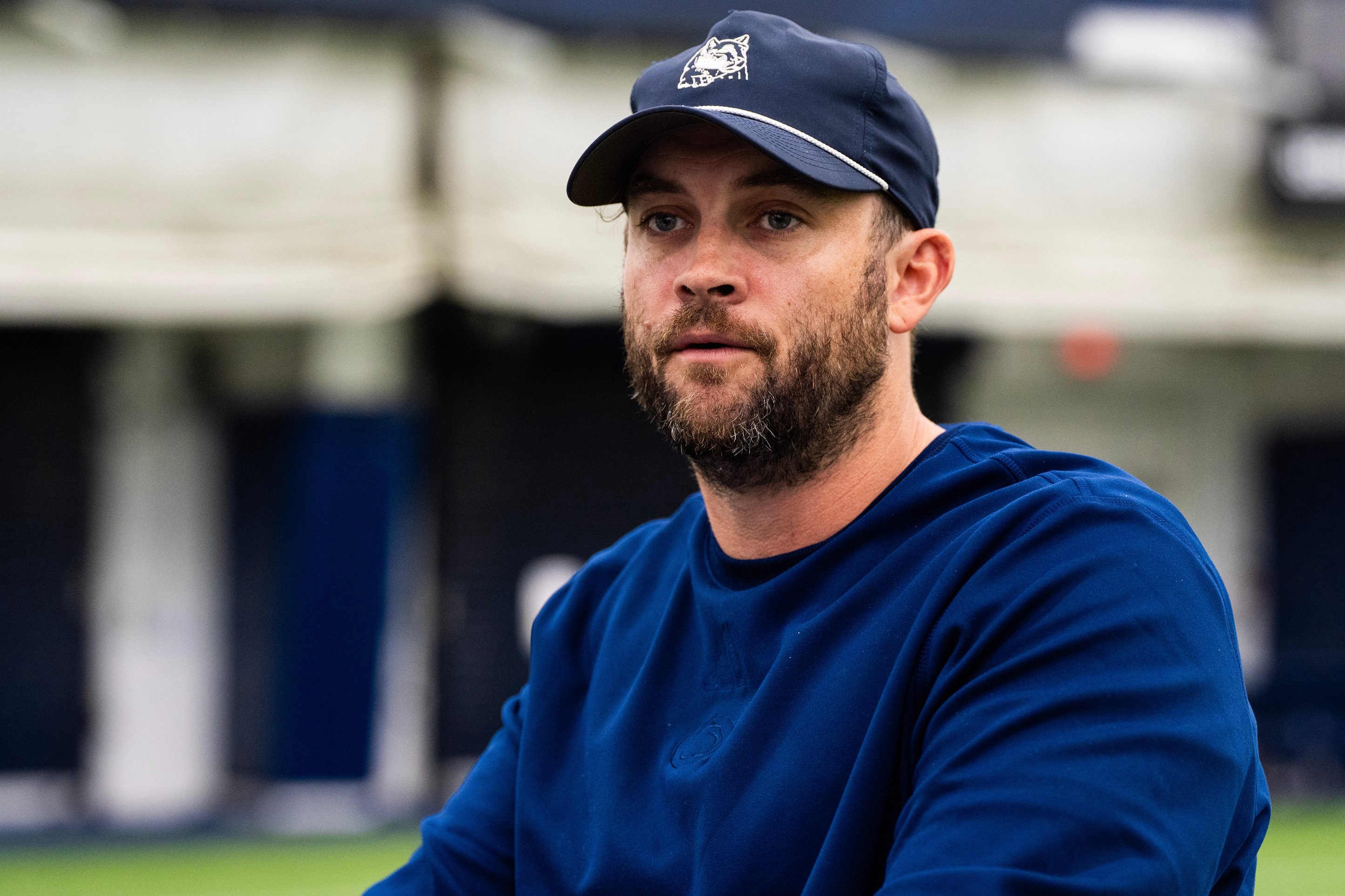 Penn State offensive coordinator Taylor Mouser answers questions during football media day in Holuba Hall, Friday, August 7, 2026, in State College.