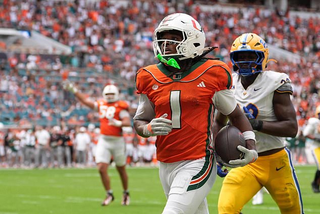 Miami wide receiver Malachi Toney (1) runs in to the endzone for a touchdown during the first half of an NCAA college football game against Pittsburgh, Saturday, Oct. 24, 2026, in Miami Gardens, Fla. (AP Photo/Rebecca Blackwell)