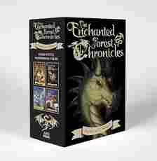 Boxed set of "The Enchanted Forest Chronicles" featuring a dragon on the cover and small images of f...