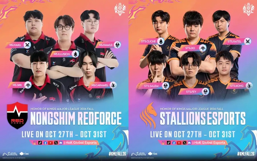 The official poster for the Honor of Kings Major League (KML) Fall 2026 reveals players from participating teams: Nongshim RedForce and Team Stallions, names and photos.
