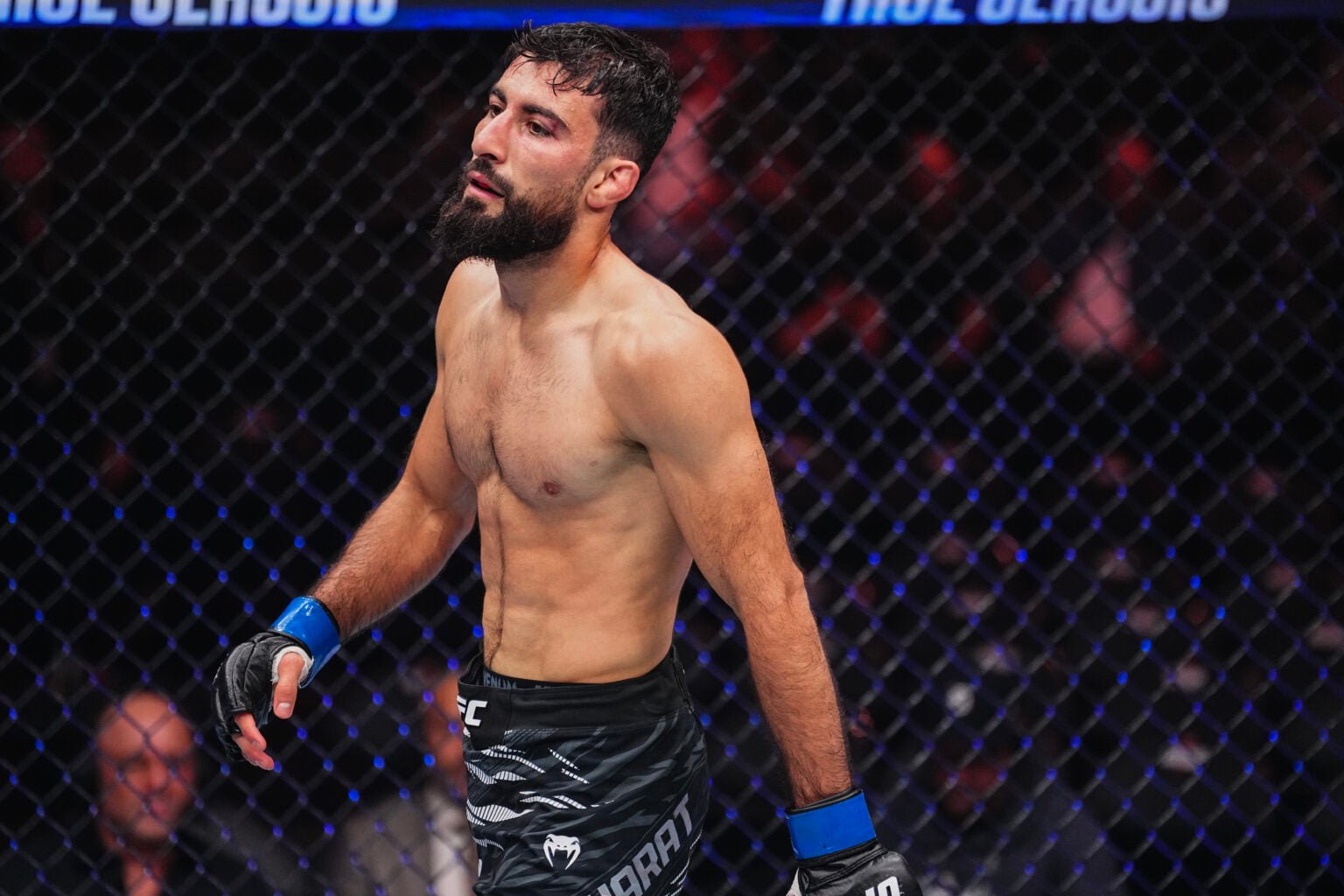 Farid Basharat reacts to the end of his fight against Chris Gutierrez at UFC 320